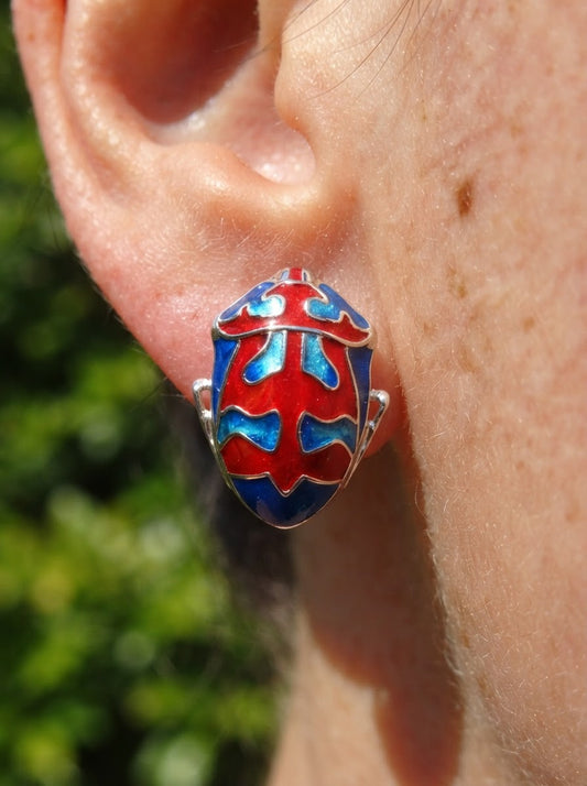 Harlequin Shield Bug Stud Earrings – Matte Red & Shiny‑Blue Enamel