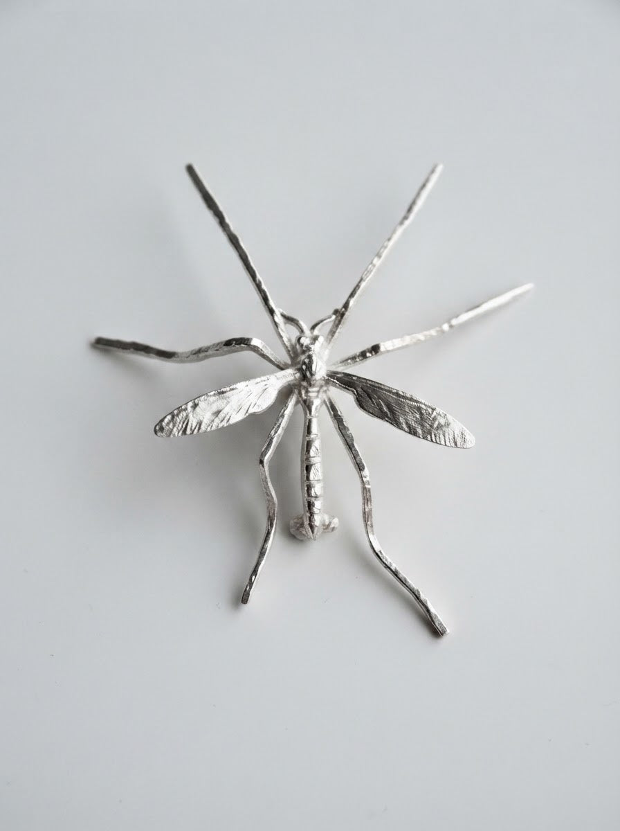 Crane Fly Brooch — Sterling Silver or 14k Gold‑Plated | Sculptural Insect Jewelry