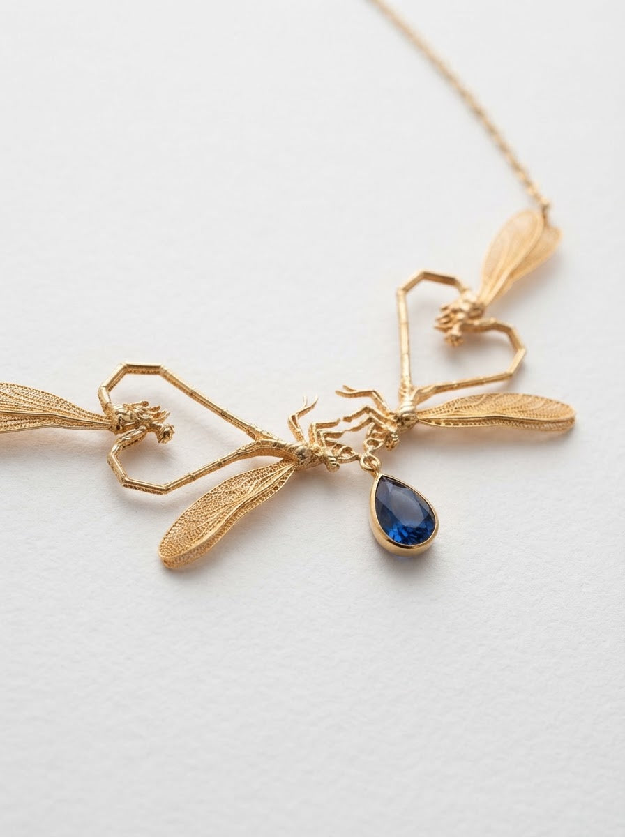 Dragonfly Love Necklace — Gold or Silver with Pear‑Cut Stone