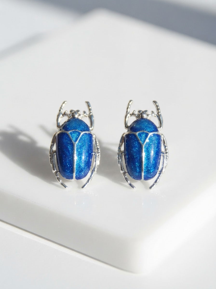 Blue Enamel Flower Beetle Stud Earrings – Sculptural Insect Jewelry