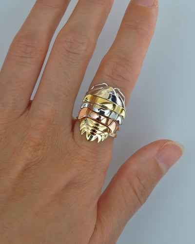 Rainbow isopod bug ring in mixed metals including sterling silver and 14k gold plating