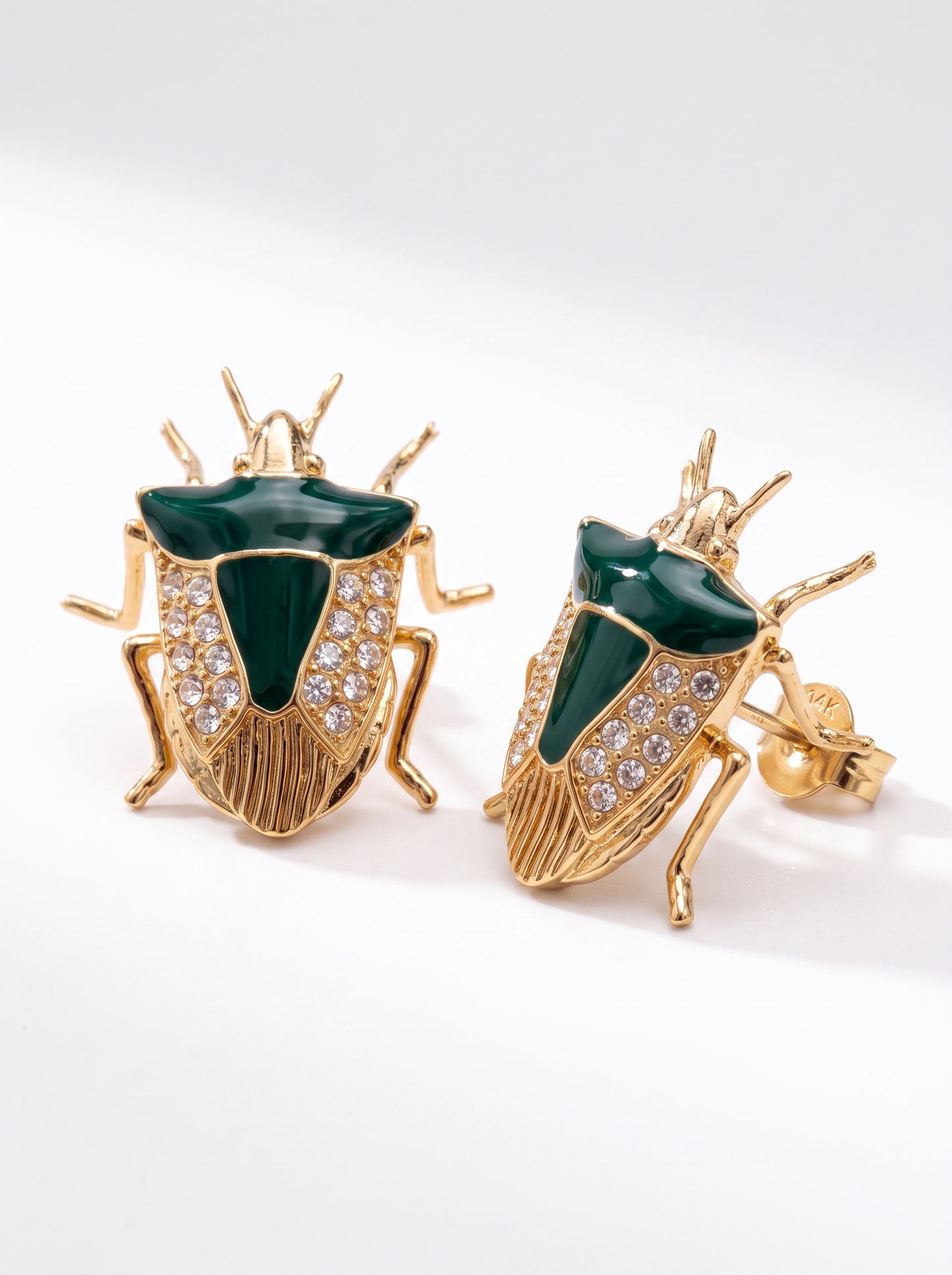 Stink Bug Stud Earrings with Deep Green Enamel • Silver or 14k Gold‑Plated
