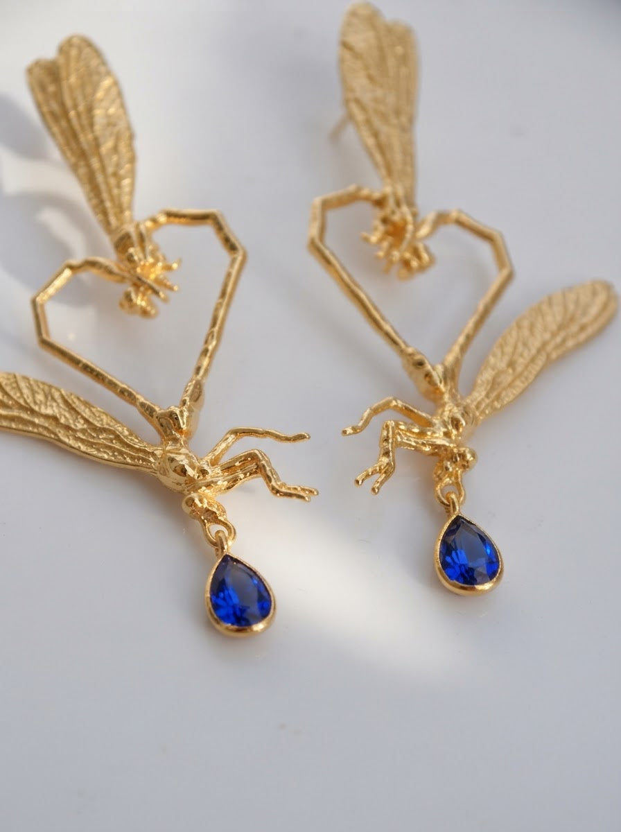 Dragonfly Love Stud Earrings — Gold‑Plated Brass or Gold‑Plated Sterling Silver with Blue Pear‑Cut Stone
