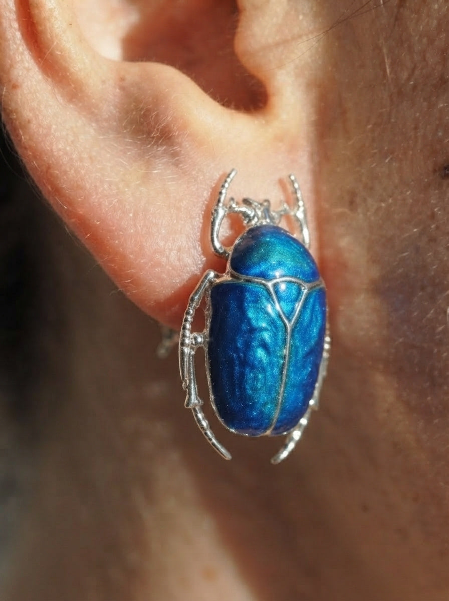 Blue Enamel Flower Beetle Stud Earrings – Sculptural Insect Jewelry