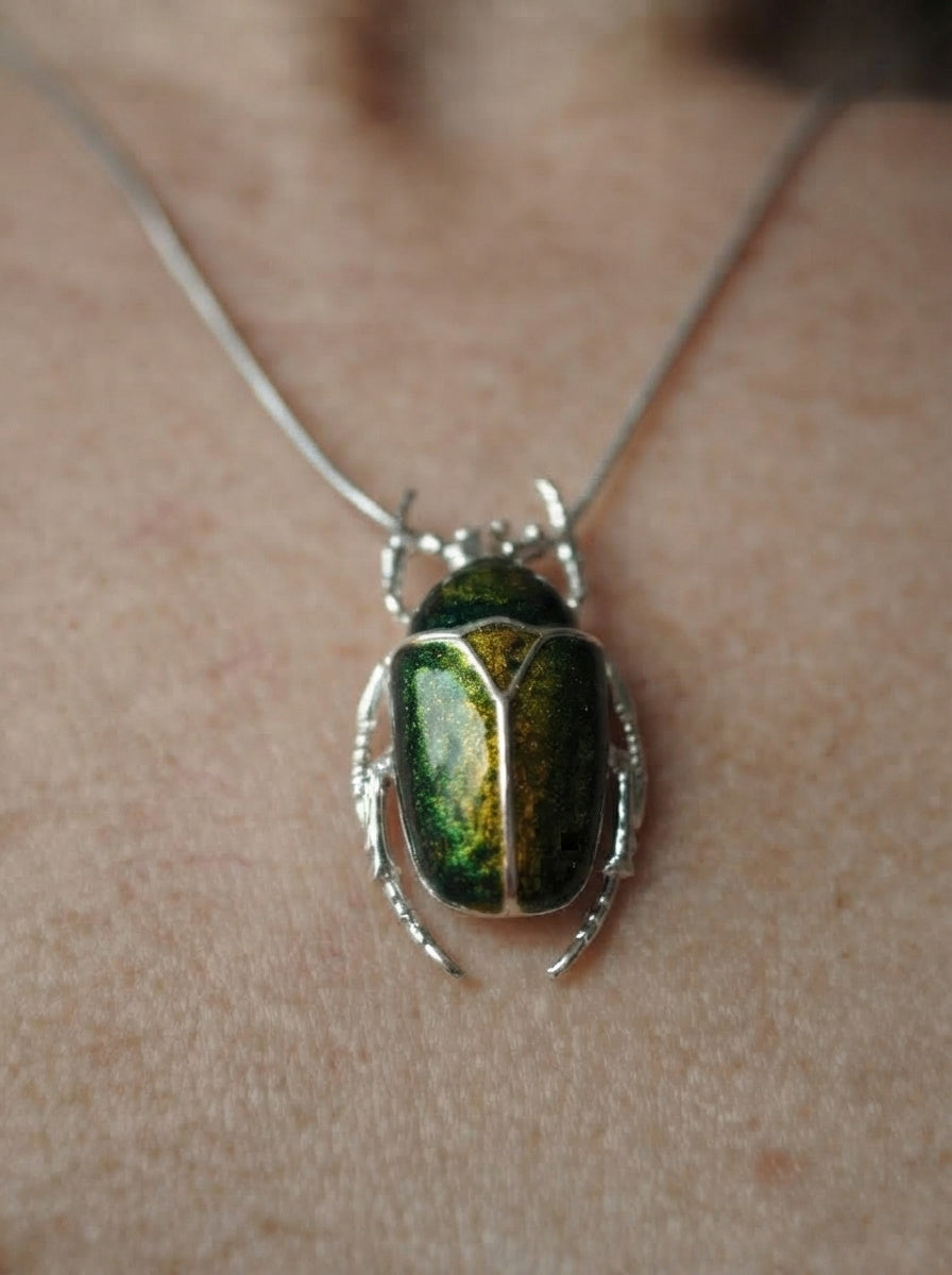 Green & Yellow Enamel Flower Beetle Pendant – Sculptural Insect Jewelry