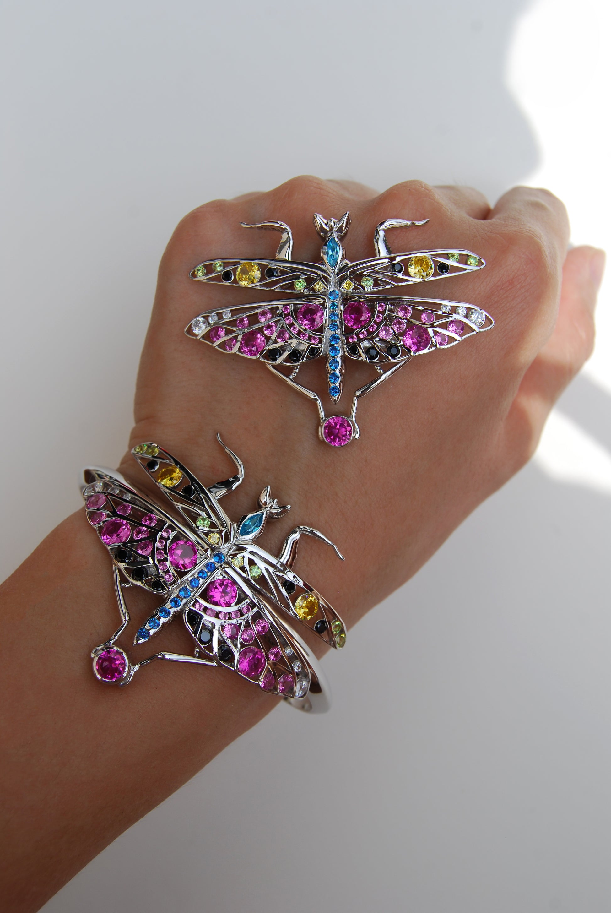Silver praying mantis bracelet and pendant displayed on hand against white background, highlighting detailed insect-inspired design and polished metal finish