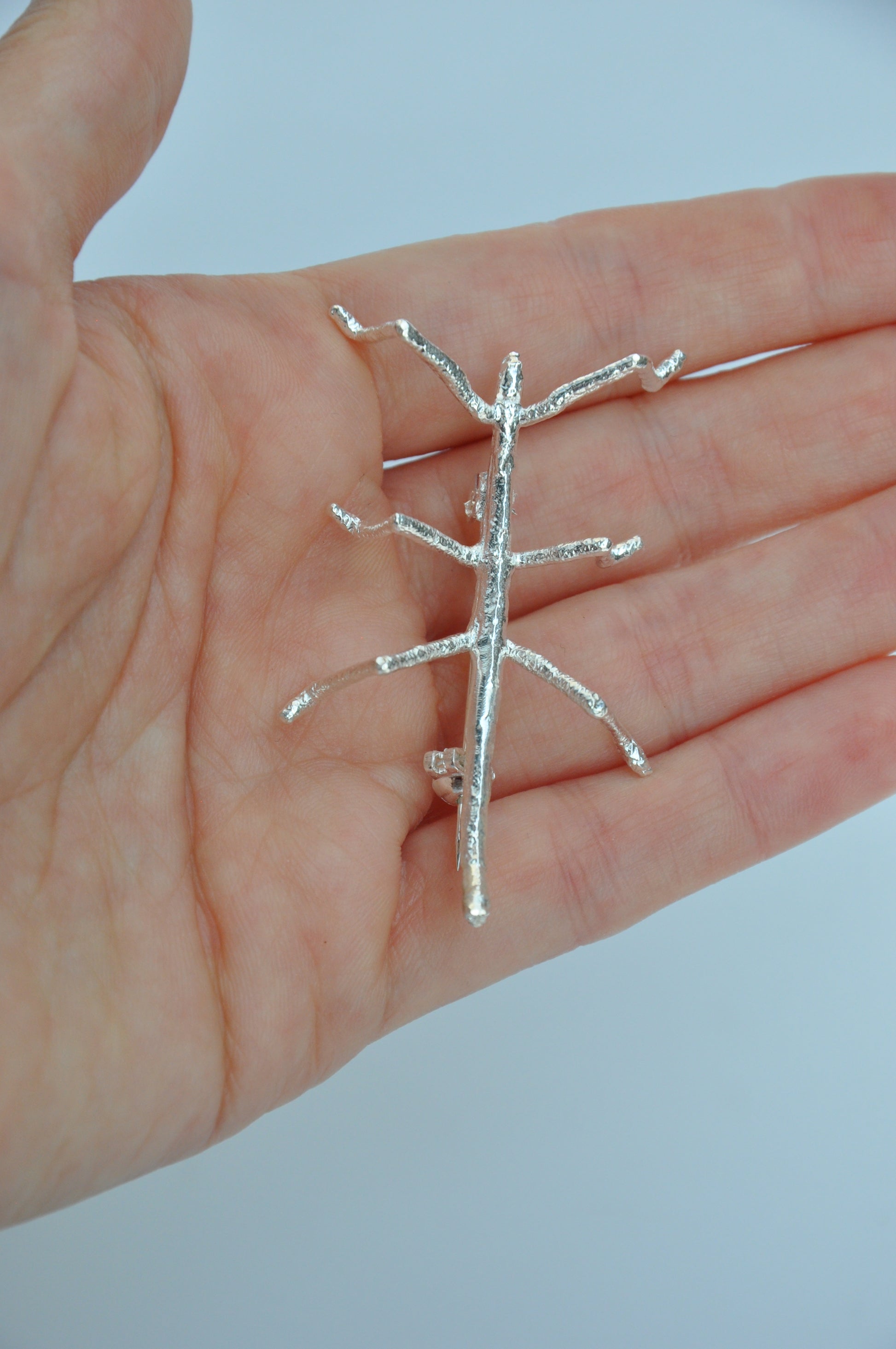 Close-up of the silver stick insect brooch worn on a hand, showing its size and organic design.