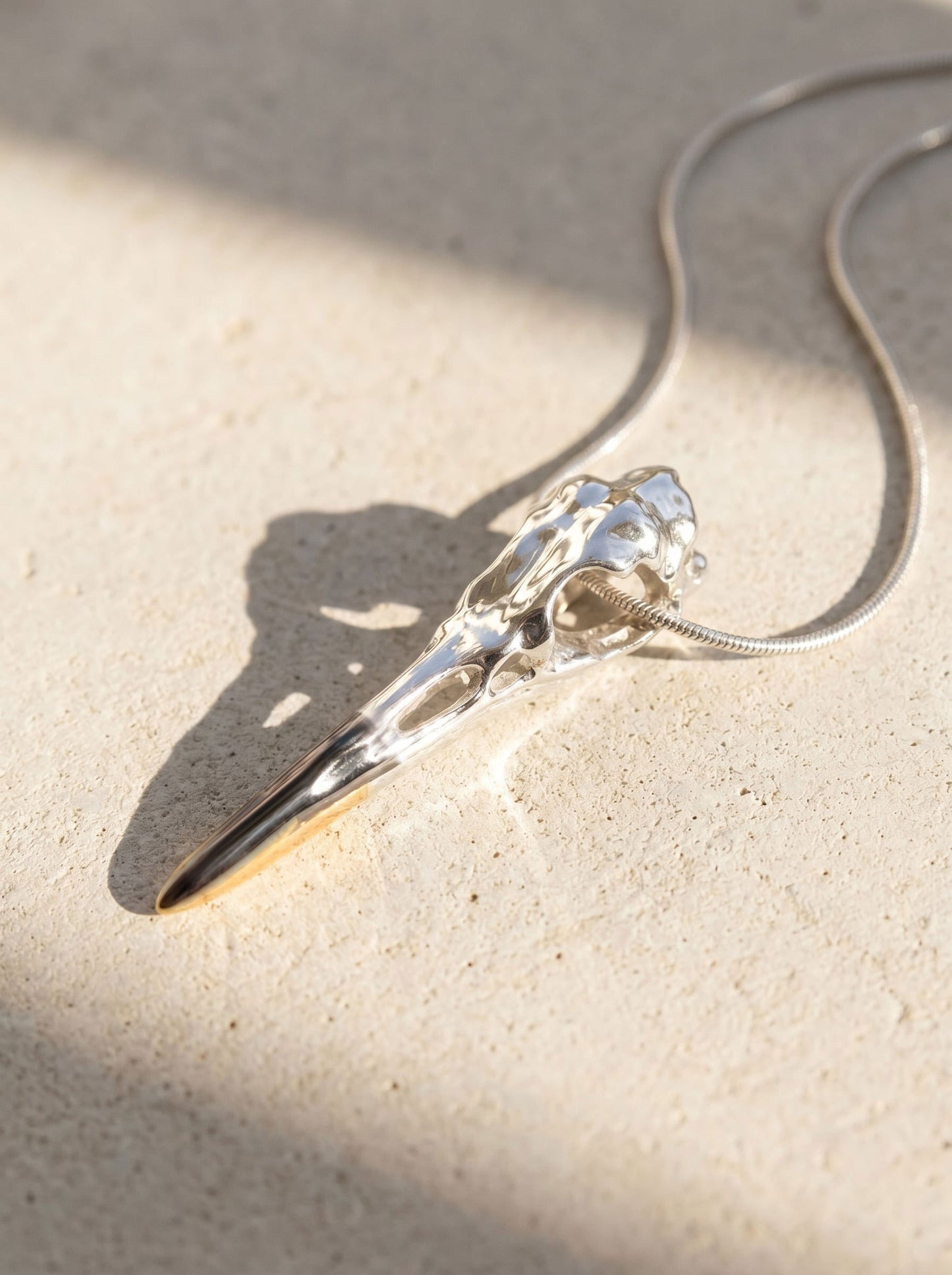 Silver Heron Skull Pendant photographed flat with gentle shadows, revealing polished planes and delicate anatomical engraving.