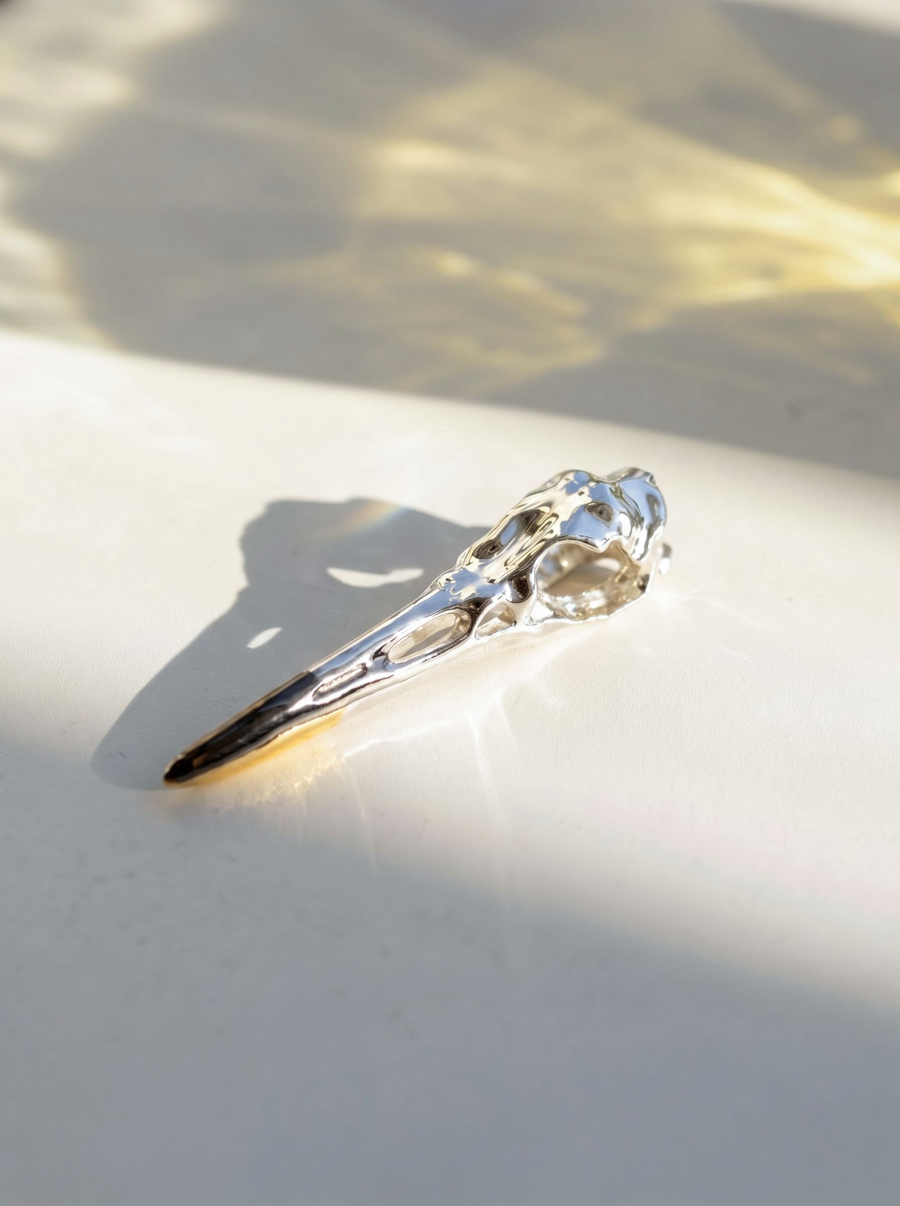 Silver Heron Skull Pendant photographed in sunlight, showing polished sterling silver form with rhodium and gold accents along the beak.