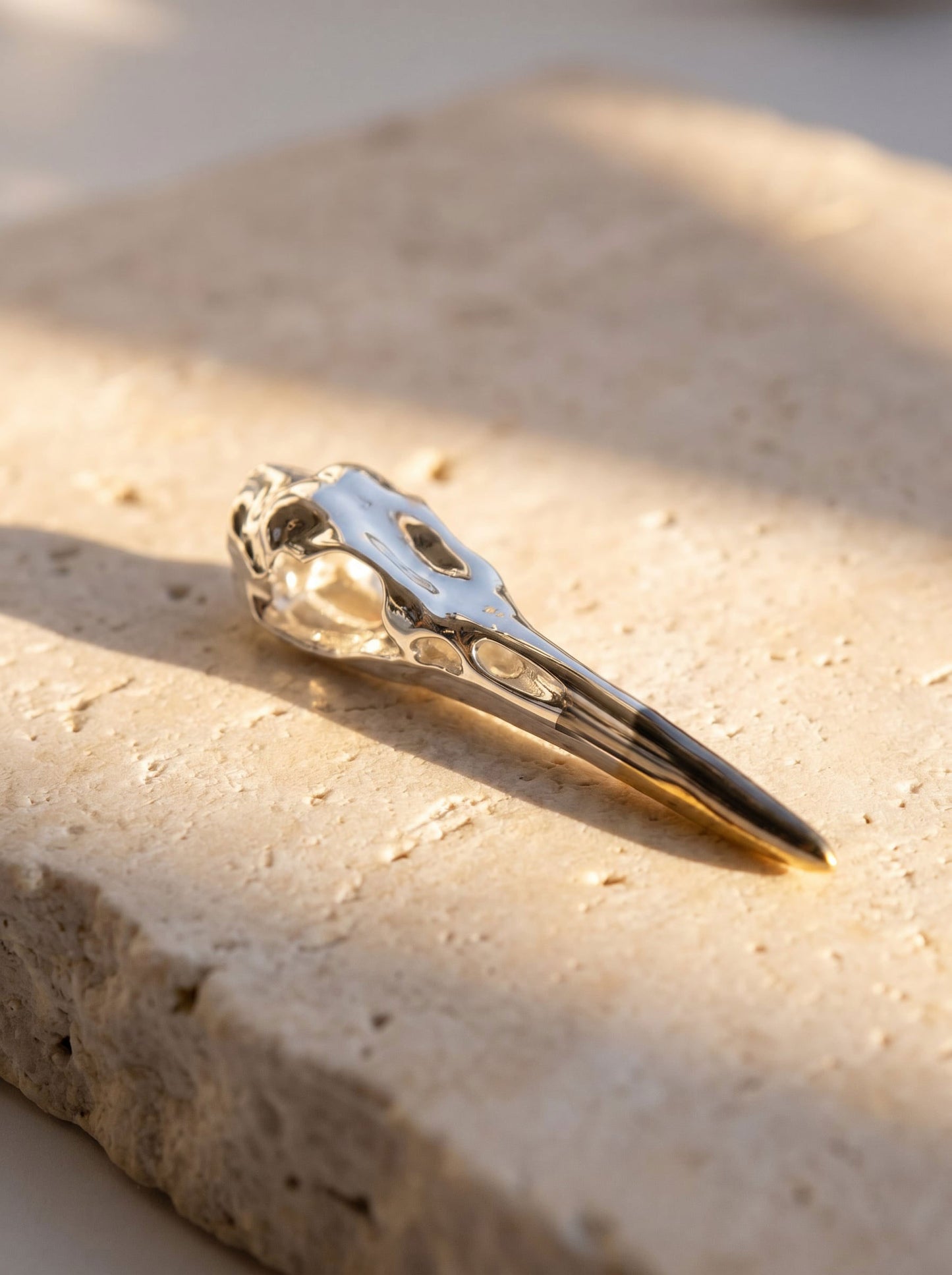 Silver Heron Skull Pendant resting on stone surface, emphasizing anatomical detail and smooth metallic finish.