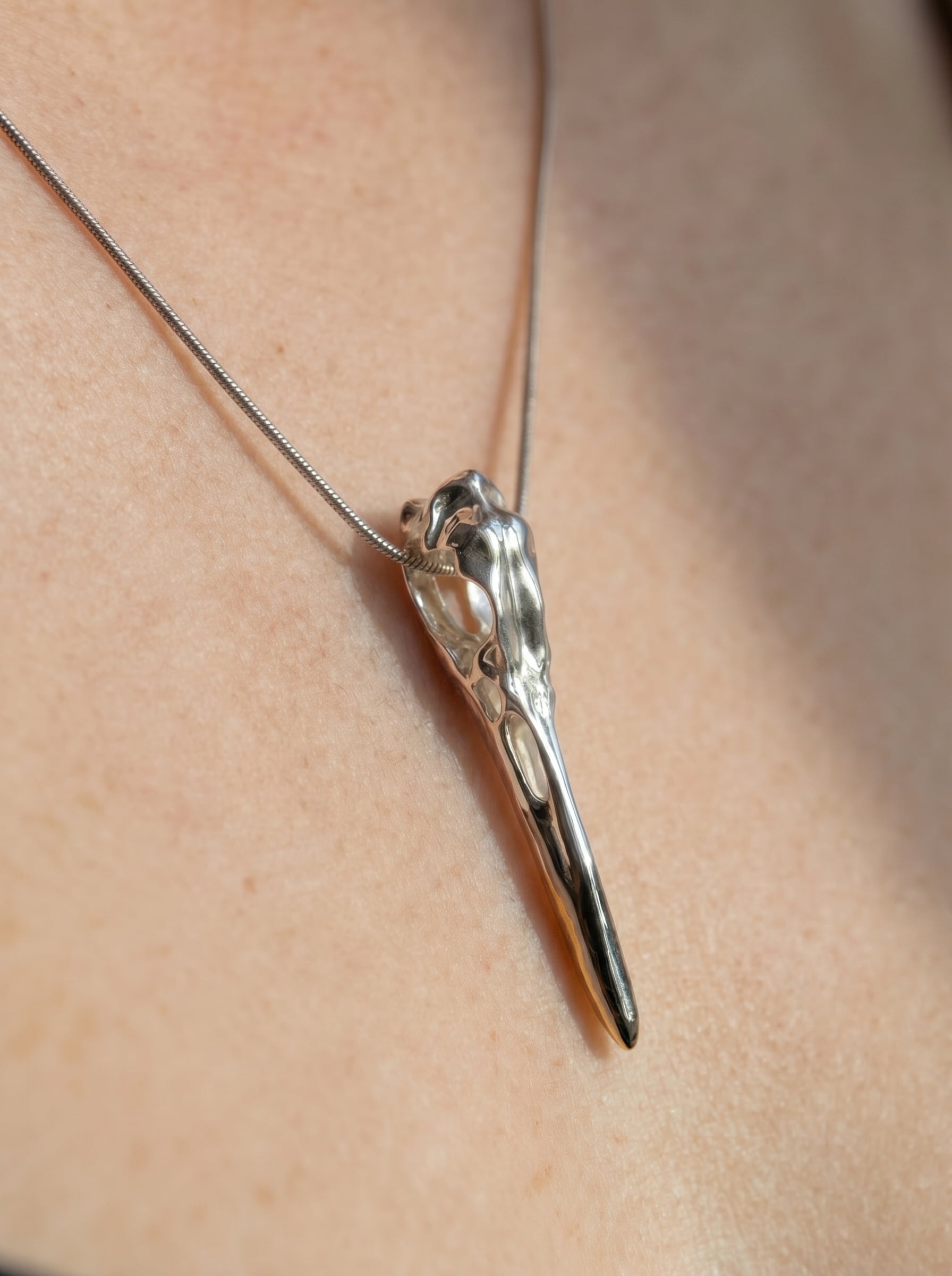 Silver Heron Skull Pendant worn in soft natural light, capturing the refined taper and museum‑like presence of the design.