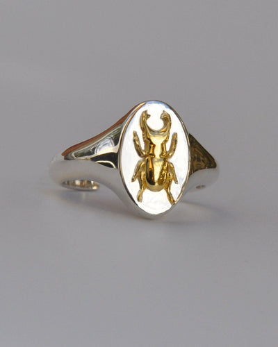 Aries Stag Beetle Signet Ring | Sterling Silver & Gold Plated