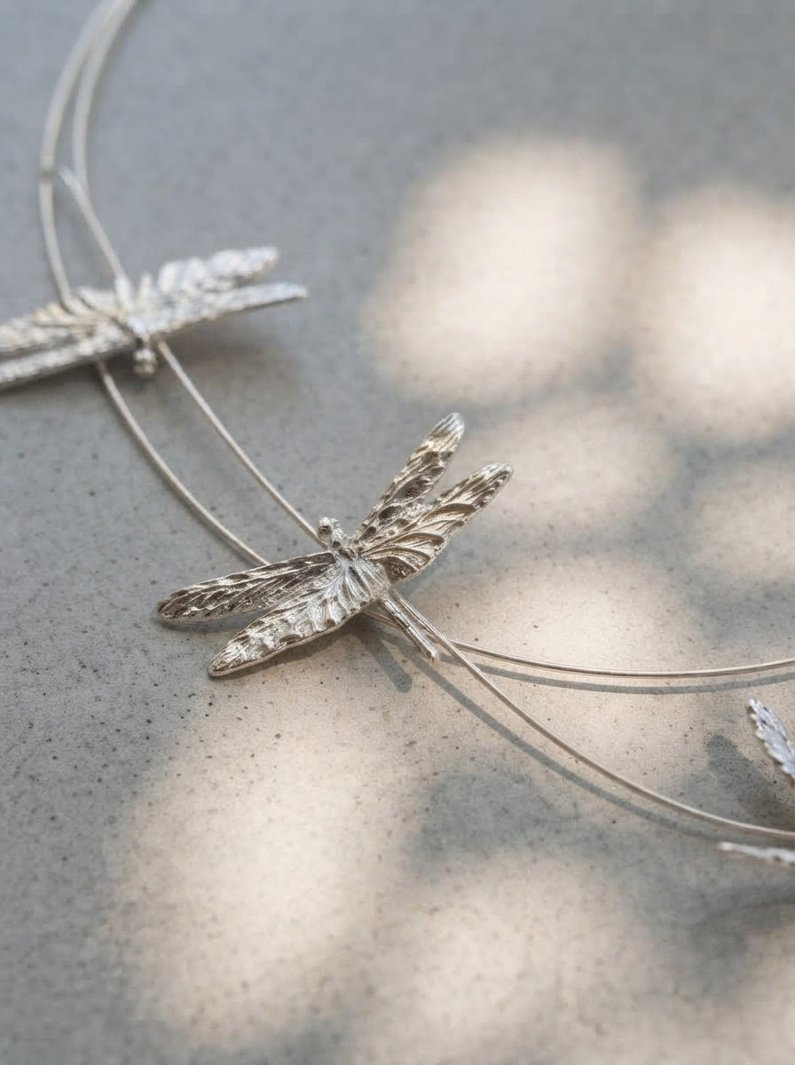 Dragonfly Flight Necklace — Sculptural Multi‑Wire Nature Jewelry in Sterling Silver or Gold