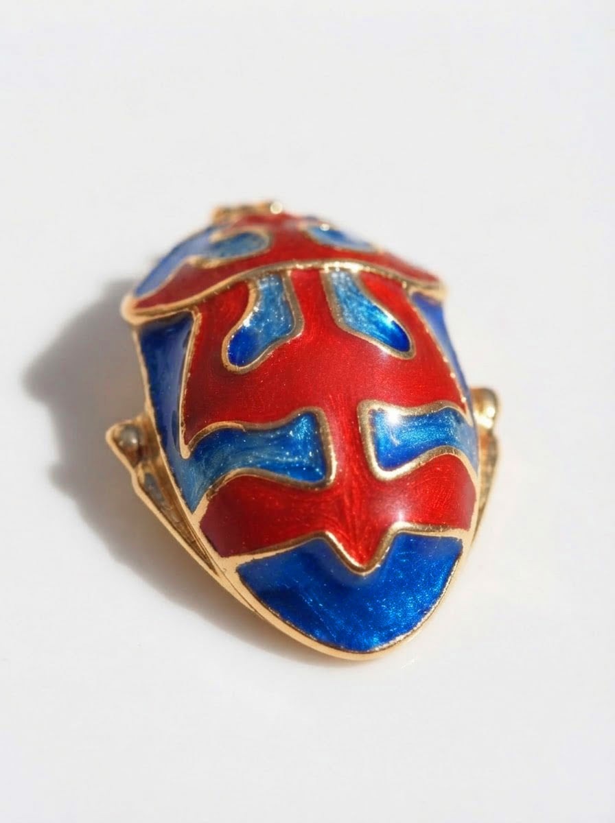 Harlequin Shield Bug Pendant – Matte Red & Shiny‑Blue Enamel