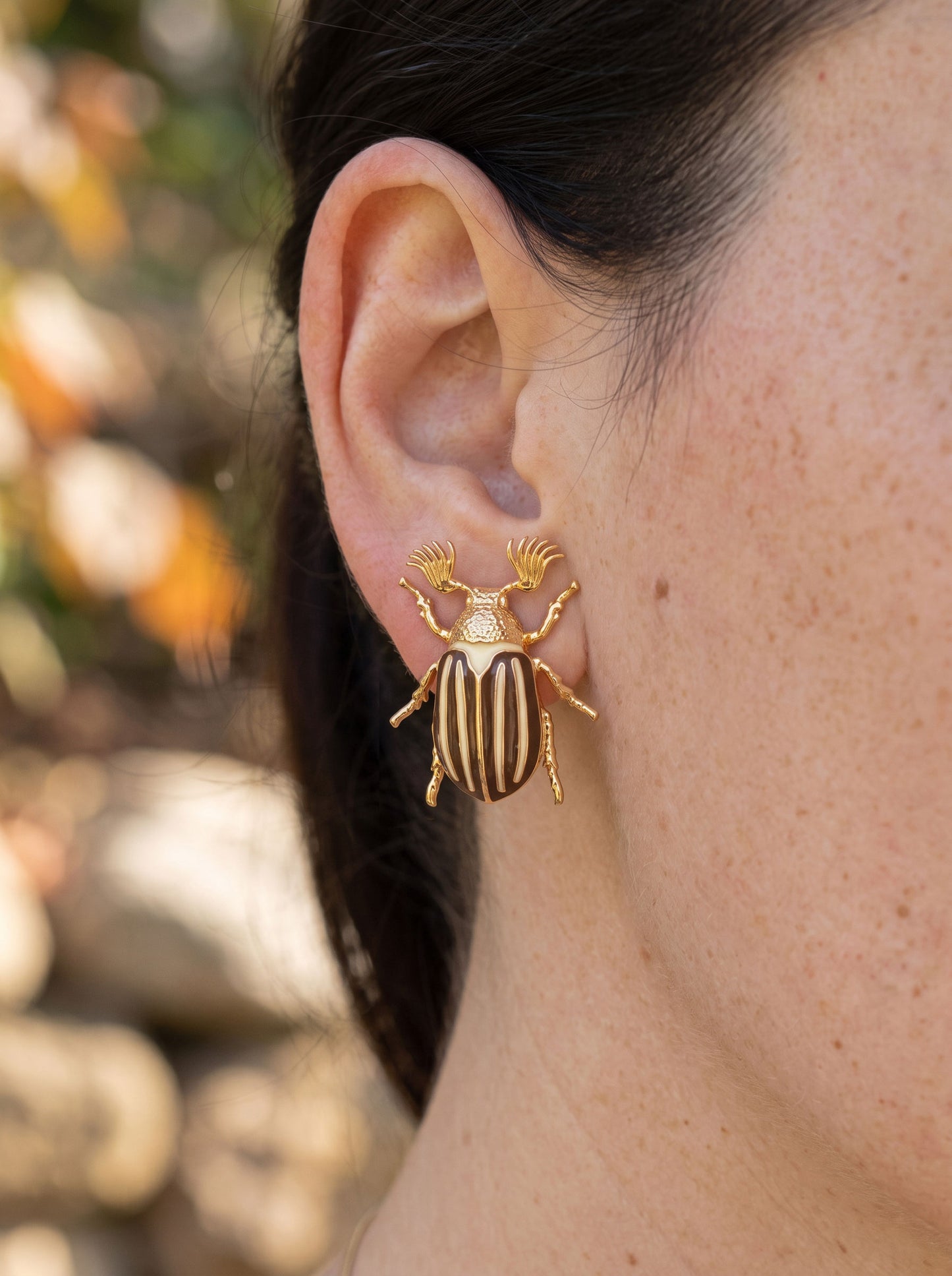 June Bug Stud Earrings — Silver or Gold with Bronze & Off‑White Enamel