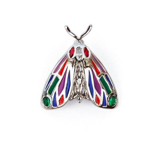 Front view of jeweled Tiger Moth pendant on white background
