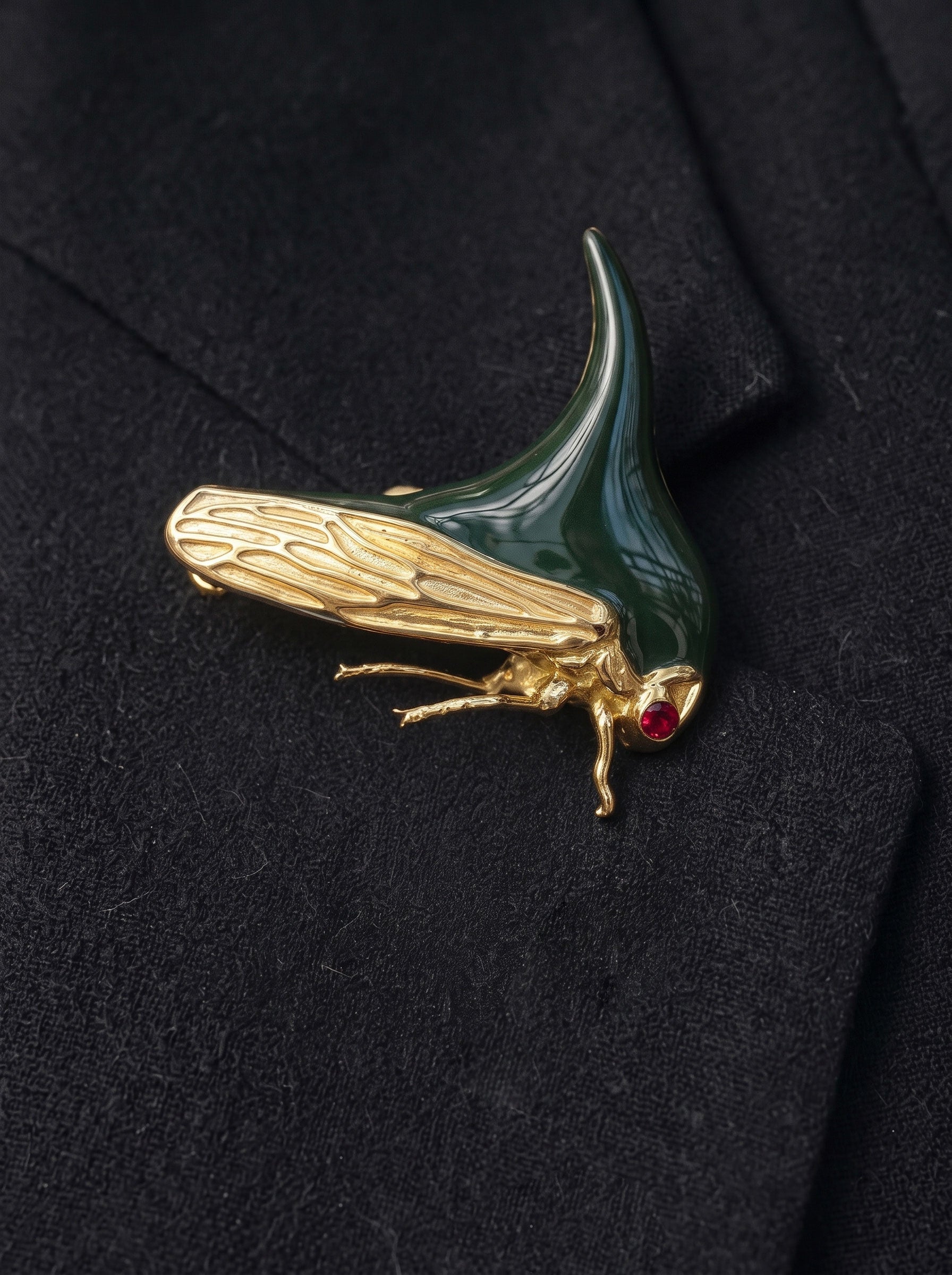 Treehopper Brooch – Deep Green Enamel & Gold‑Plated | Nature‑Inspired Insect Jewelry - brooch