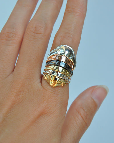 Front view of trilobite stacking rings with segmented rainbow finish – unique fossil accessories and paleo-inspired jewelry.