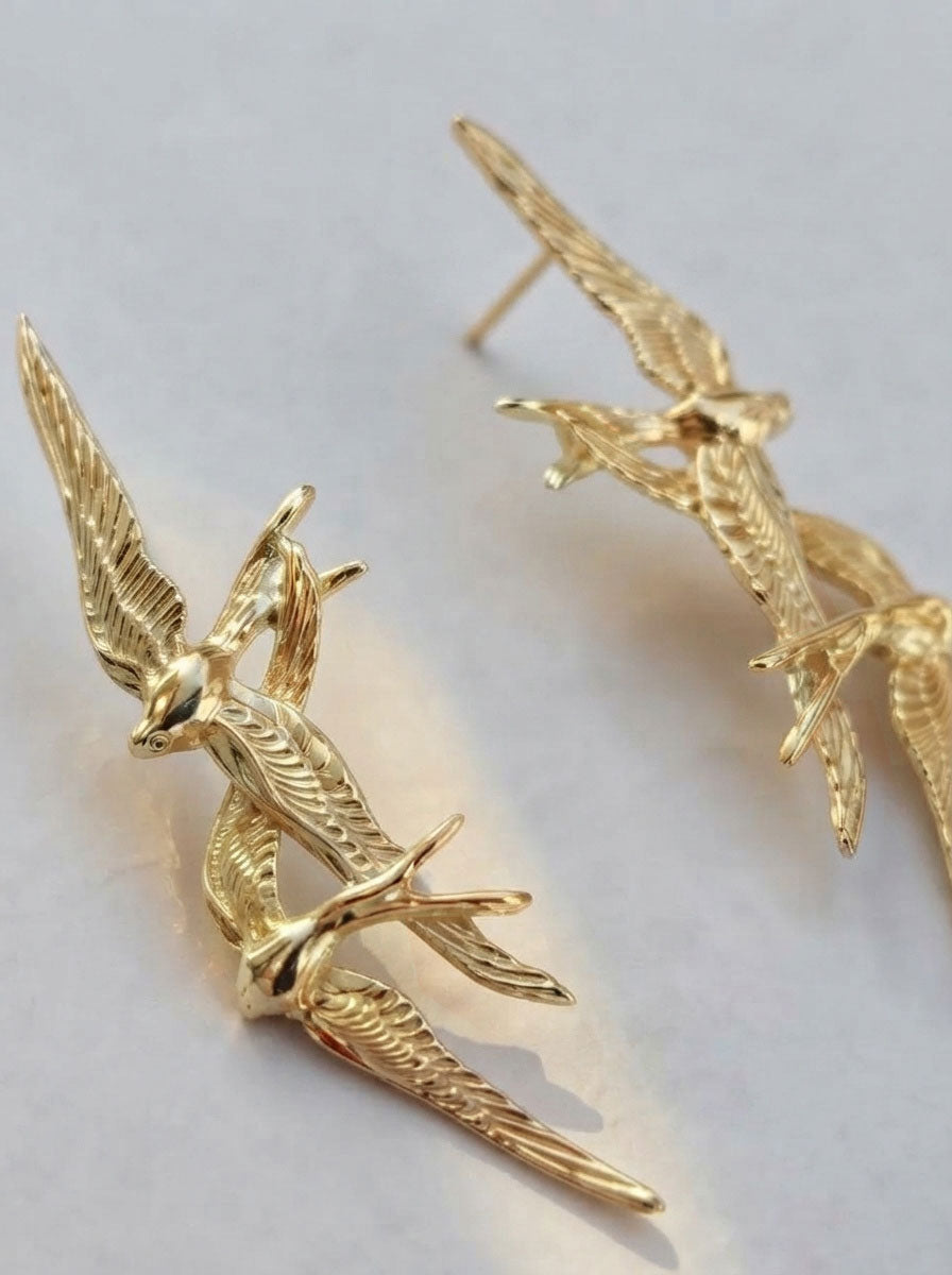 Swallow Flight Stud Earrings – Sterling Silver & Rose Gold