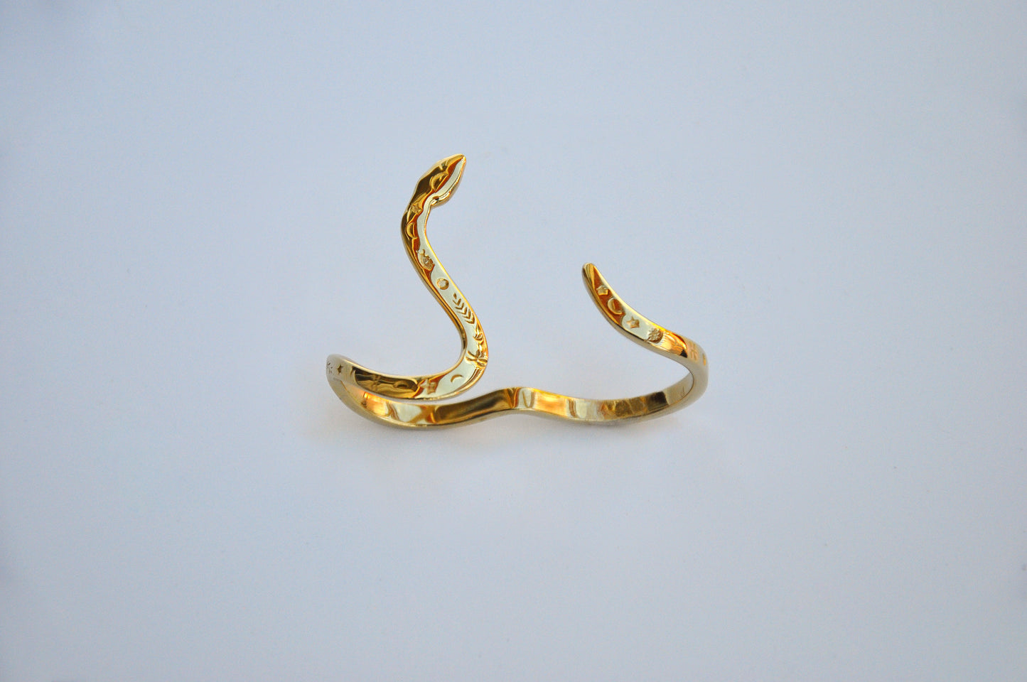 Front view of celestial snake ring on white background, showing serpent head and polished finish.