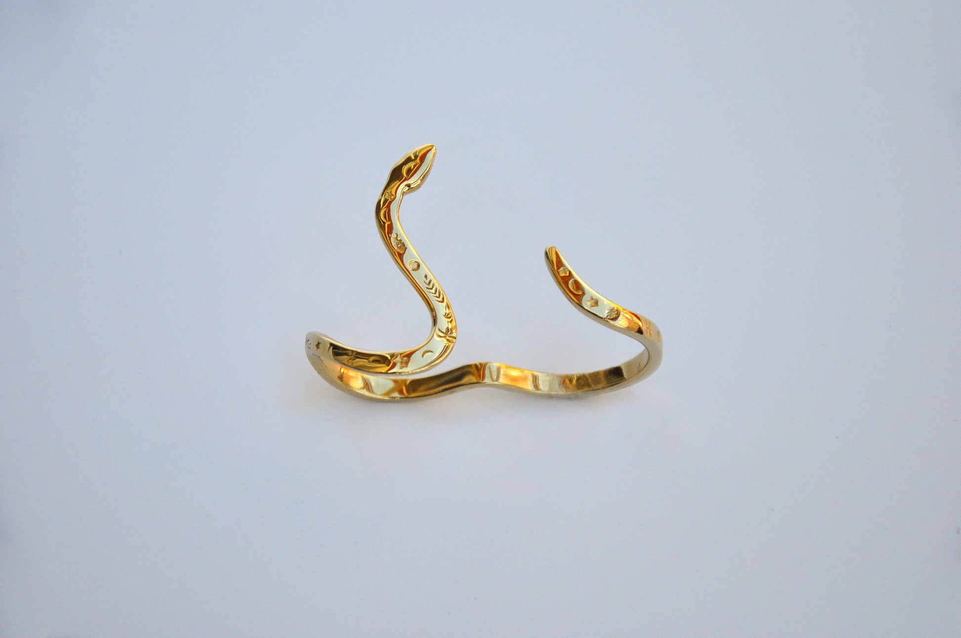 Front view of celestial snake ring on white background, showing serpent head and polished finish.