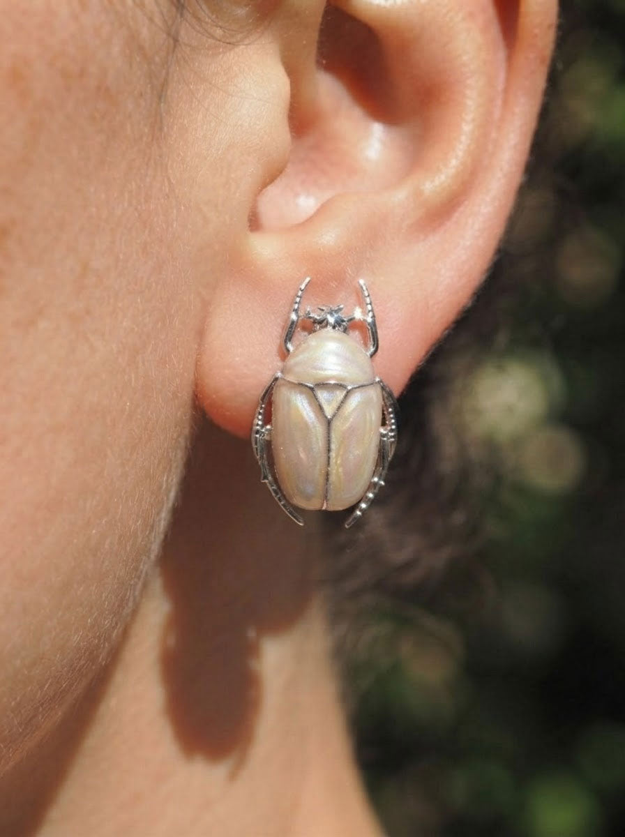 Pearl White Flower Beetle Stud Earrings – Enamel Insect Jewelry