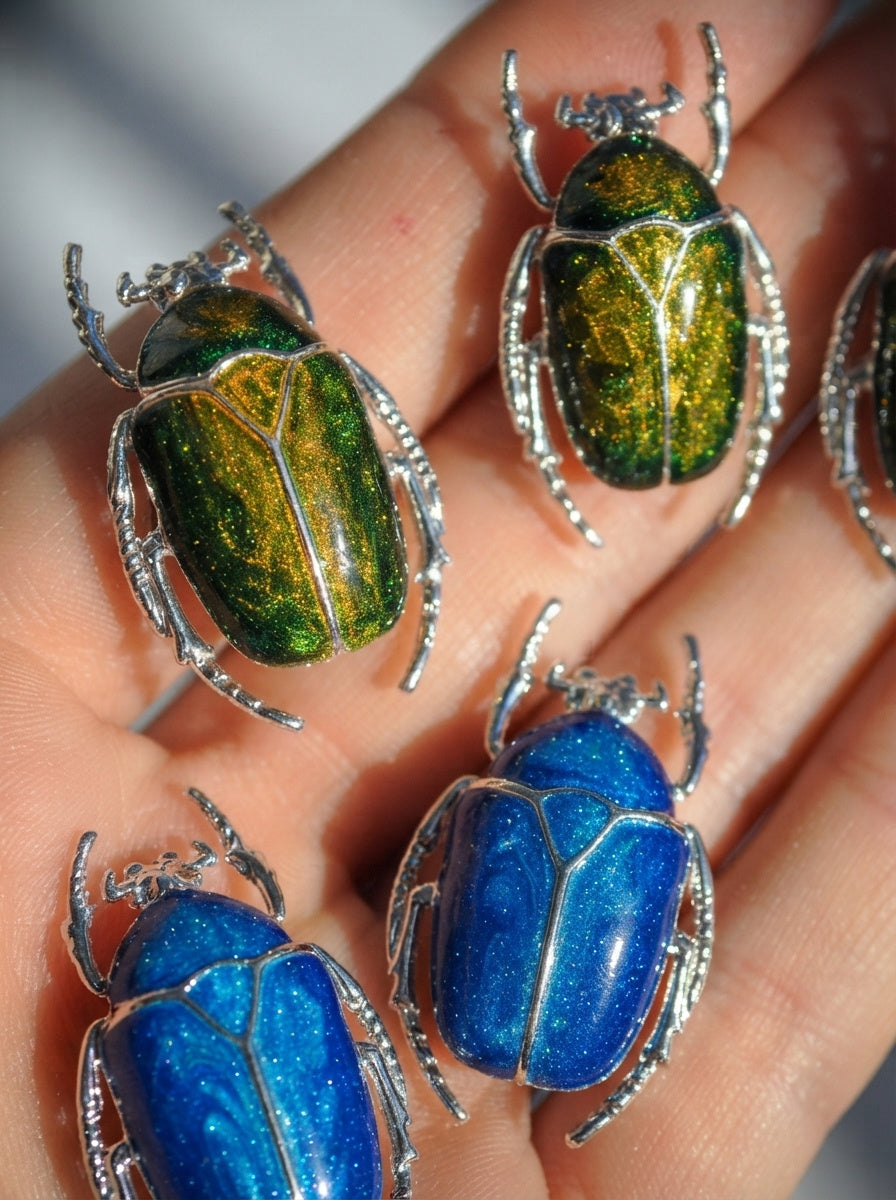 Green & Yellow Enamel Flower Beetle Pendant – Sculptural Insect Jewelry