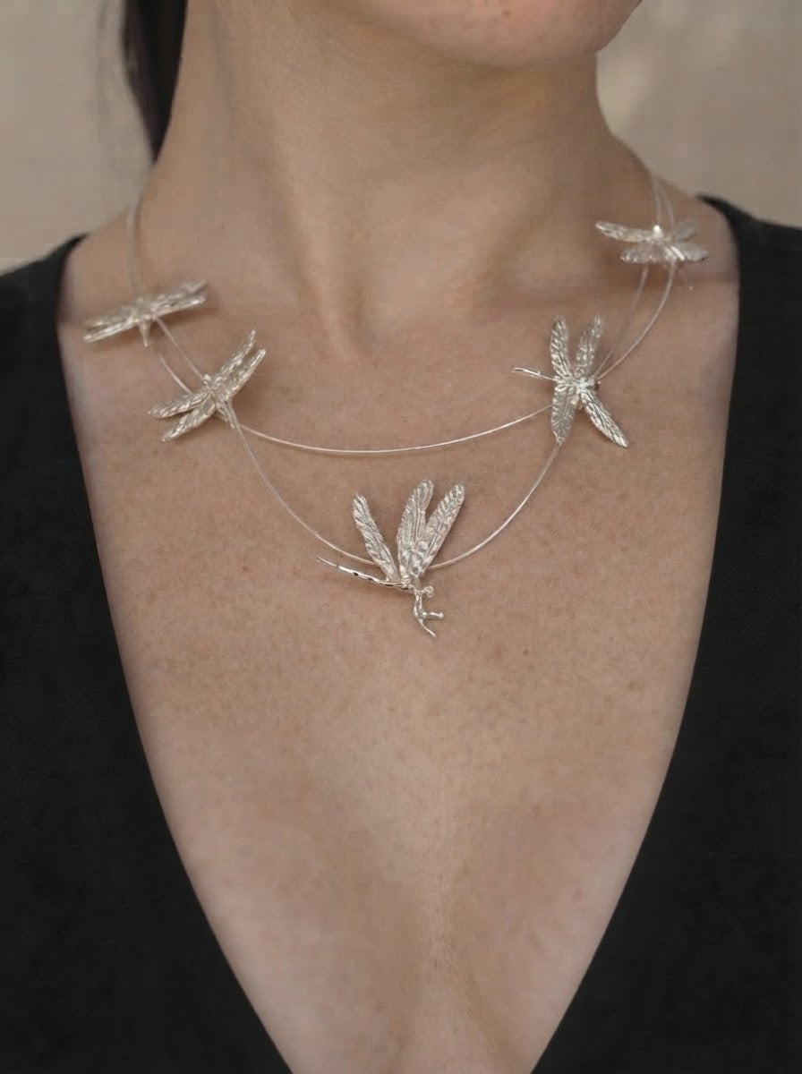 Dragonfly Flight Necklace — Sculptural Multi‑Wire Nature Jewelry in Sterling Silver or Gold