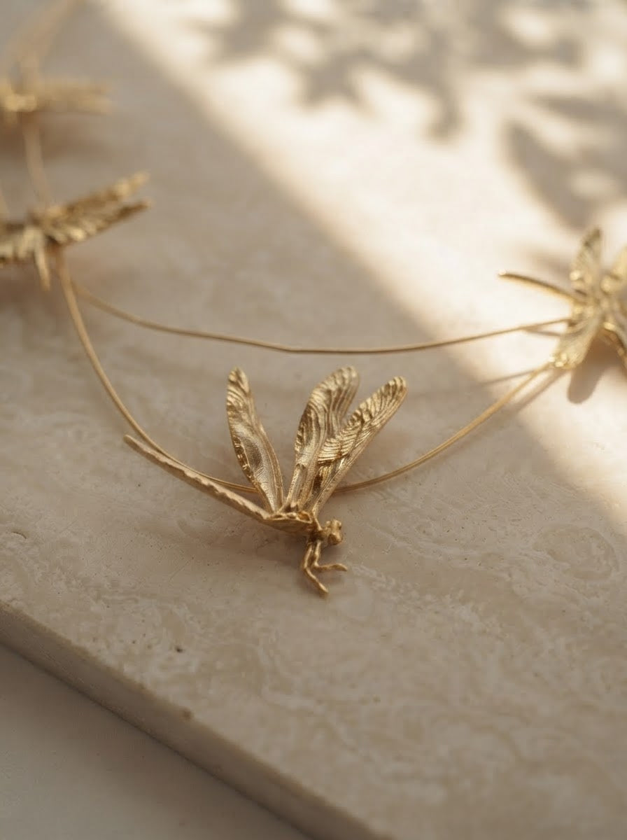 Dragonfly Flight Necklace — Sculptural Multi‑Wire Nature Jewelry in Sterling Silver or Gold