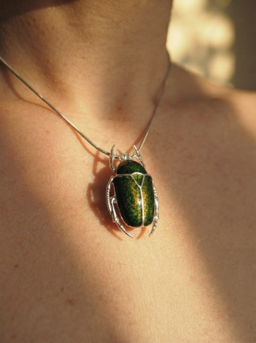 Green & Yellow Enamel Flower Beetle Pendant – Sculptural Insect Jewelry
