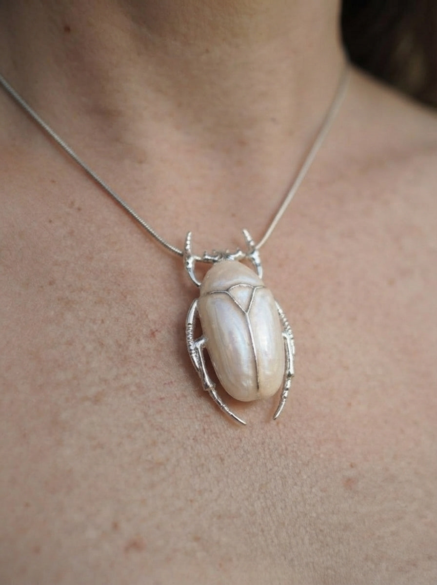 Pearl White Enamel Flower Beetle Pendant – Insect Necklace, Nature Inspired Jewelry