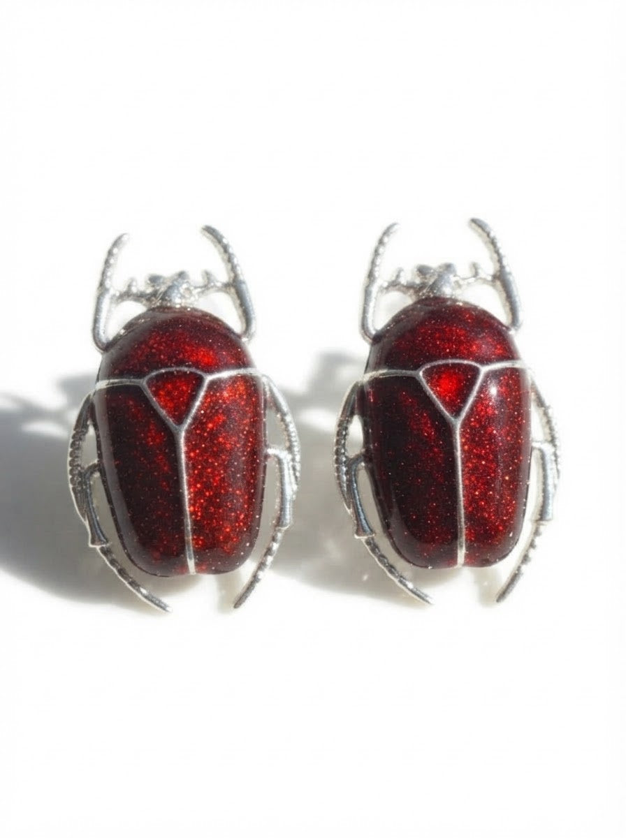 Glossy Dark Red Enamel Flower Beetle Stud Earrings – Nature Inspired Insect Jewelry