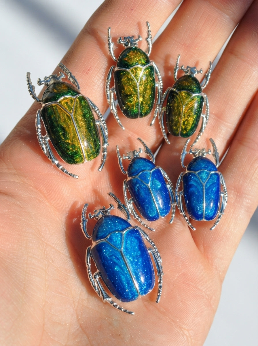 Blue Enamel Flower Beetle Stud Earrings – Sculptural Insect Jewelry