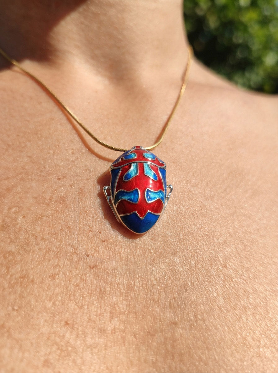 Harlequin Shield Bug Pendant – Matte Red & Shiny‑Blue Enamel