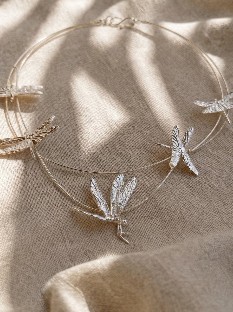 Dragonfly Flight Necklace — Sculptural Multi‑Wire Nature Jewelry in Sterling Silver or Gold