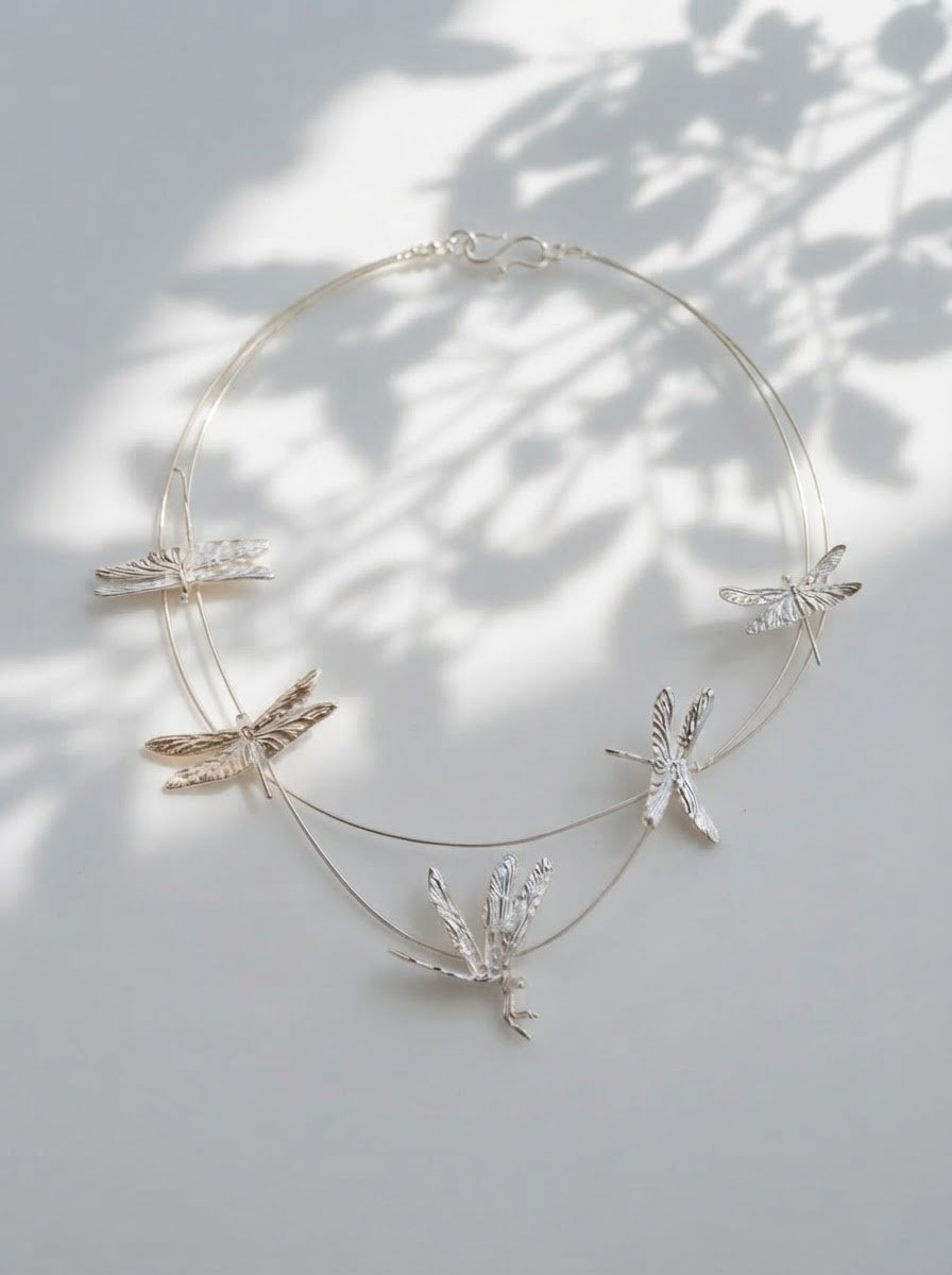 Dragonfly Flight Necklace — Sculptural Multi‑Wire Nature Jewelry in Sterling Silver or Gold