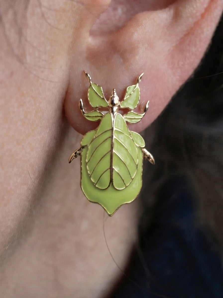 Phylliidae Leaf Insect Earrings – Gold or Silver Studs with Enamel