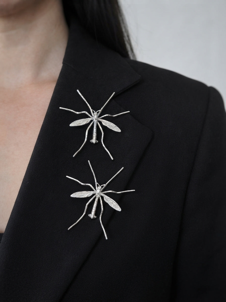 Crane Fly Brooch — Sterling Silver or 14k Gold‑Plated | Sculptural Insect Jewelry
