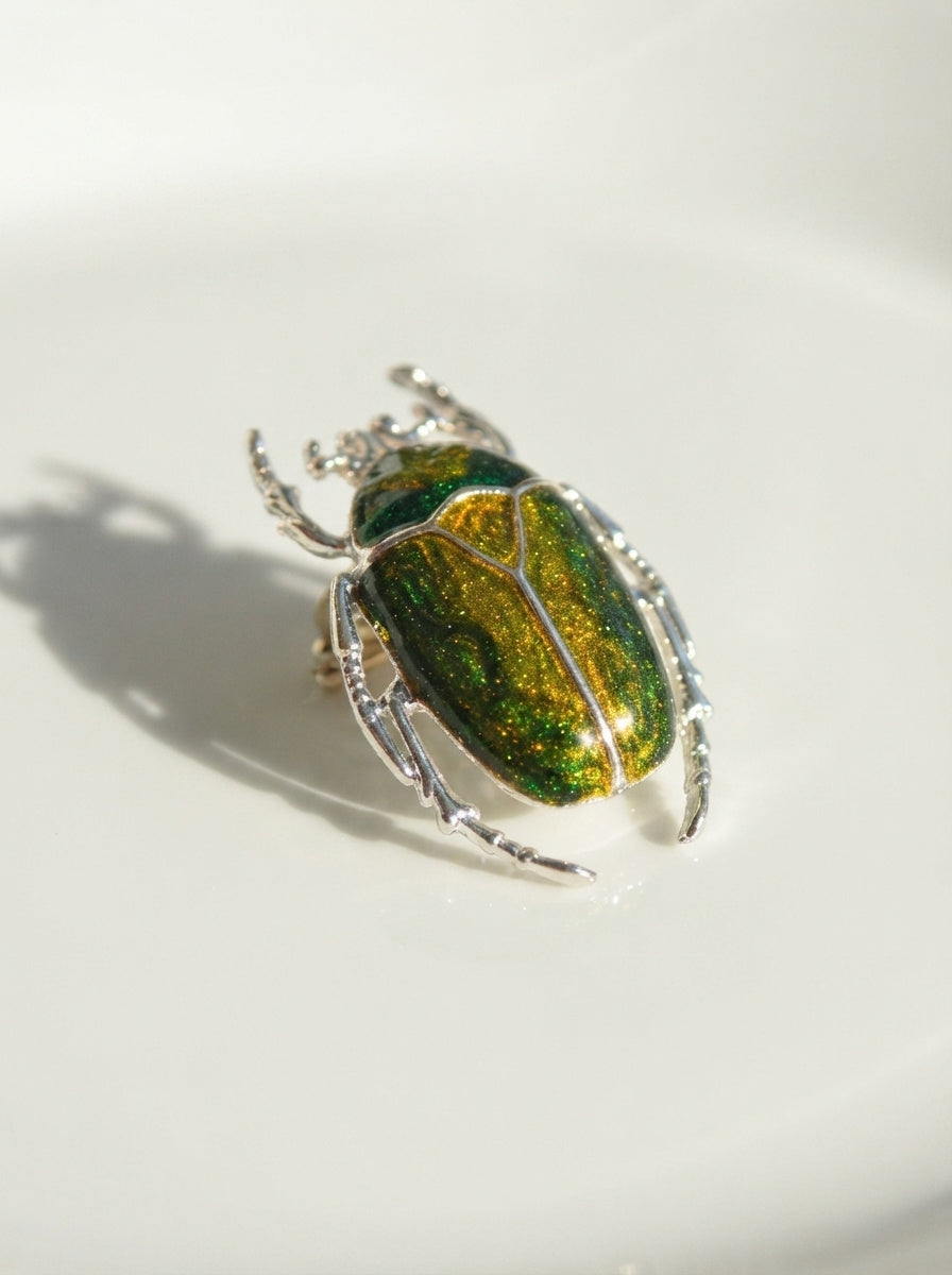 Green & Yellow Enamel Flower Beetle Pendant – Sculptural Insect Jewelry