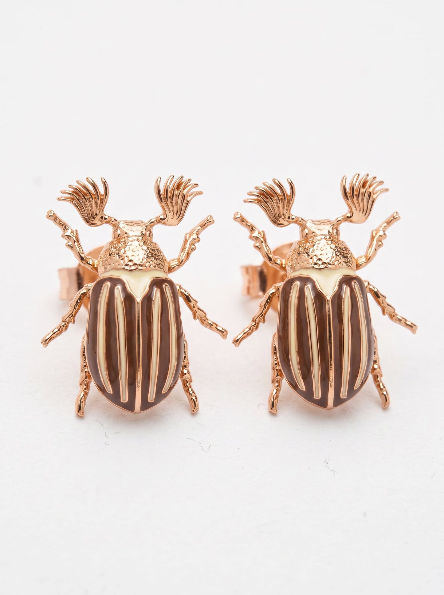 June Bug Stud Earrings — Silver or Gold with Bronze & Off‑White Enamel