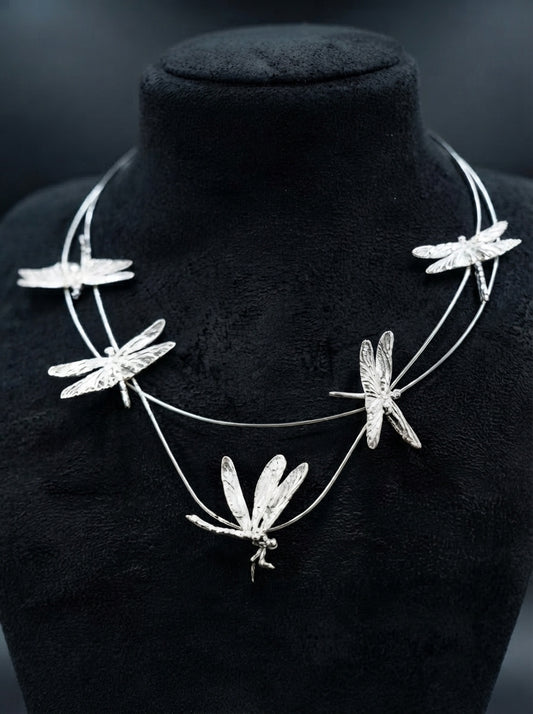 Dragonfly Flight Necklace — Sculptural Multi‑Wire Nature Jewelry in Sterling Silver or Gold