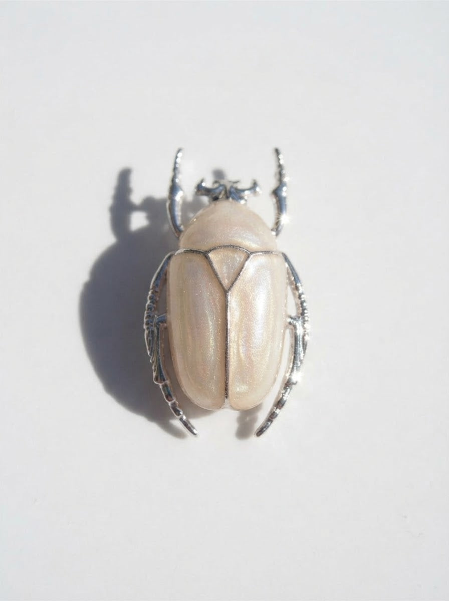 Pearl White Enamel Flower Beetle Pendant – Insect Necklace, Nature Inspired Jewelry