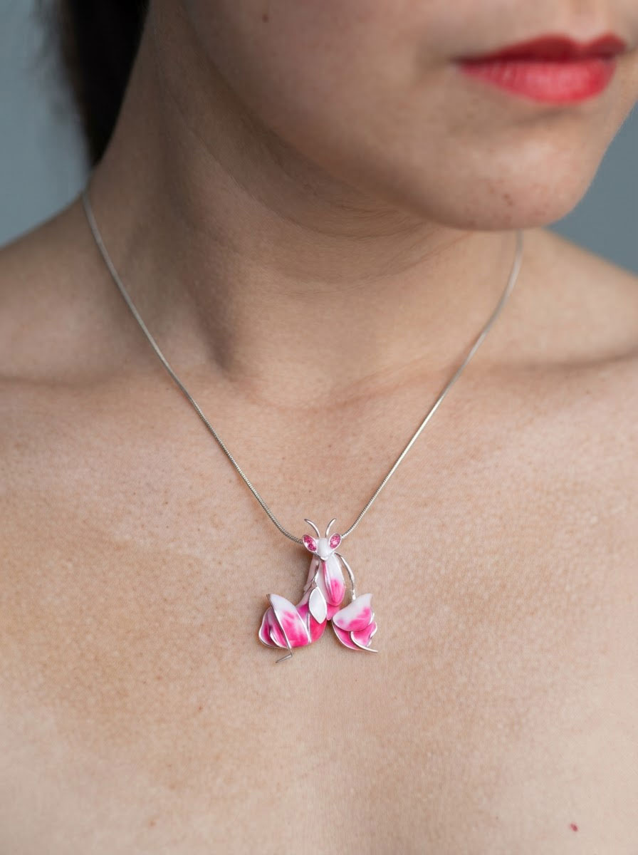Pink Enamel Orchid Mantis Pendant – Mantis Jewelry Necklace