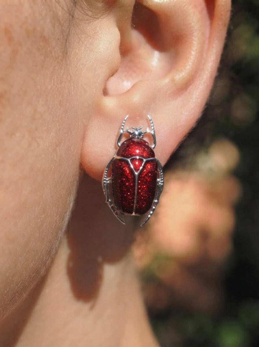 Glossy Dark Red Enamel Flower Beetle Stud Earrings – Nature Inspired Insect Jewelry