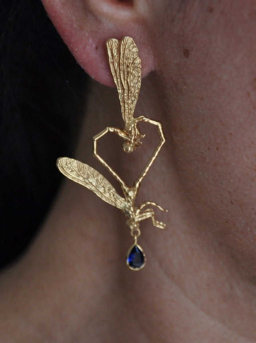 Dragonfly Love Stud Earrings — Gold‑Plated Brass or Gold‑Plated Sterling Silver with Blue Pear‑Cut Stone