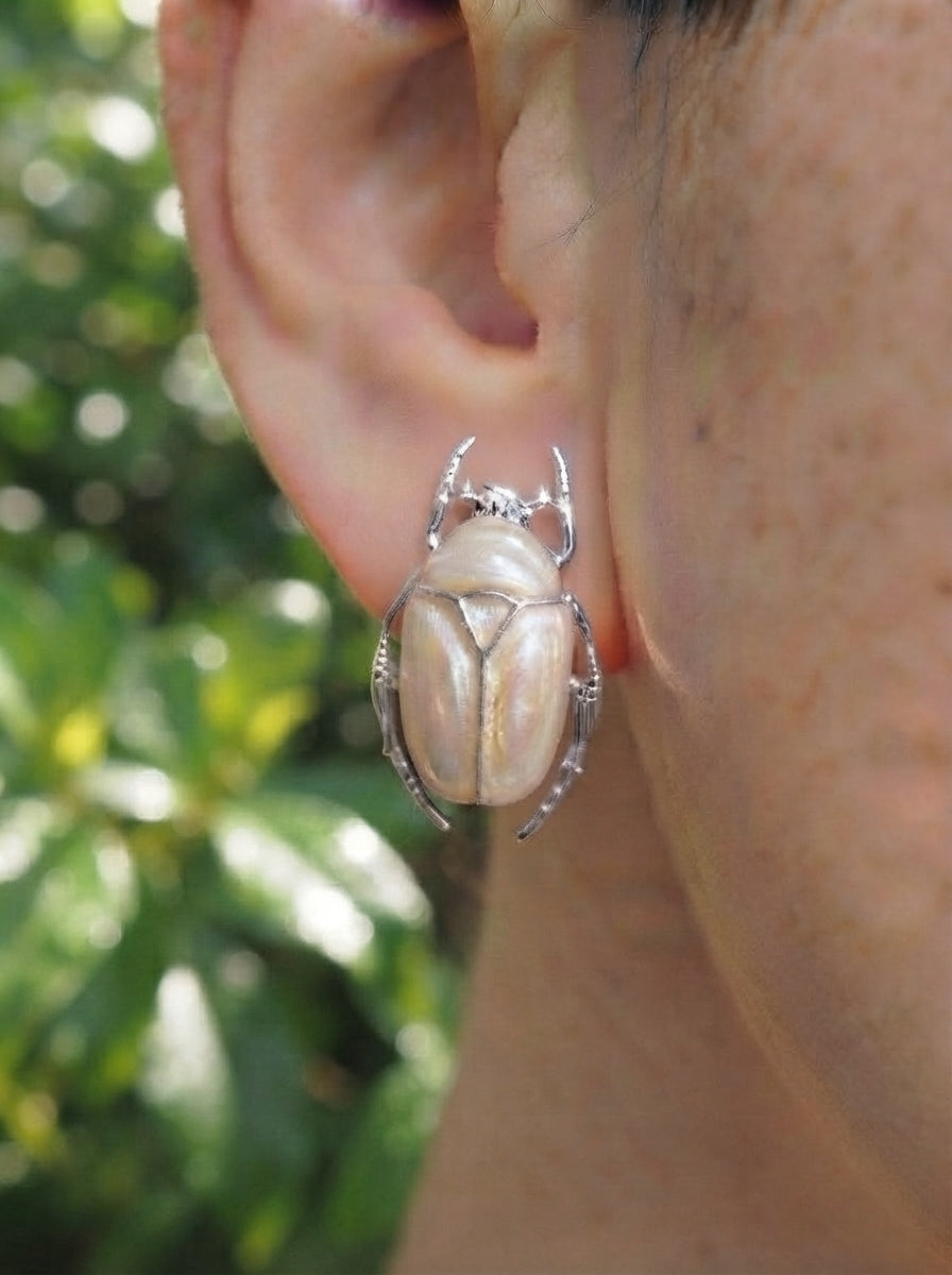 Pearl White Flower Beetle Stud Earrings – Enamel Insect Jewelry