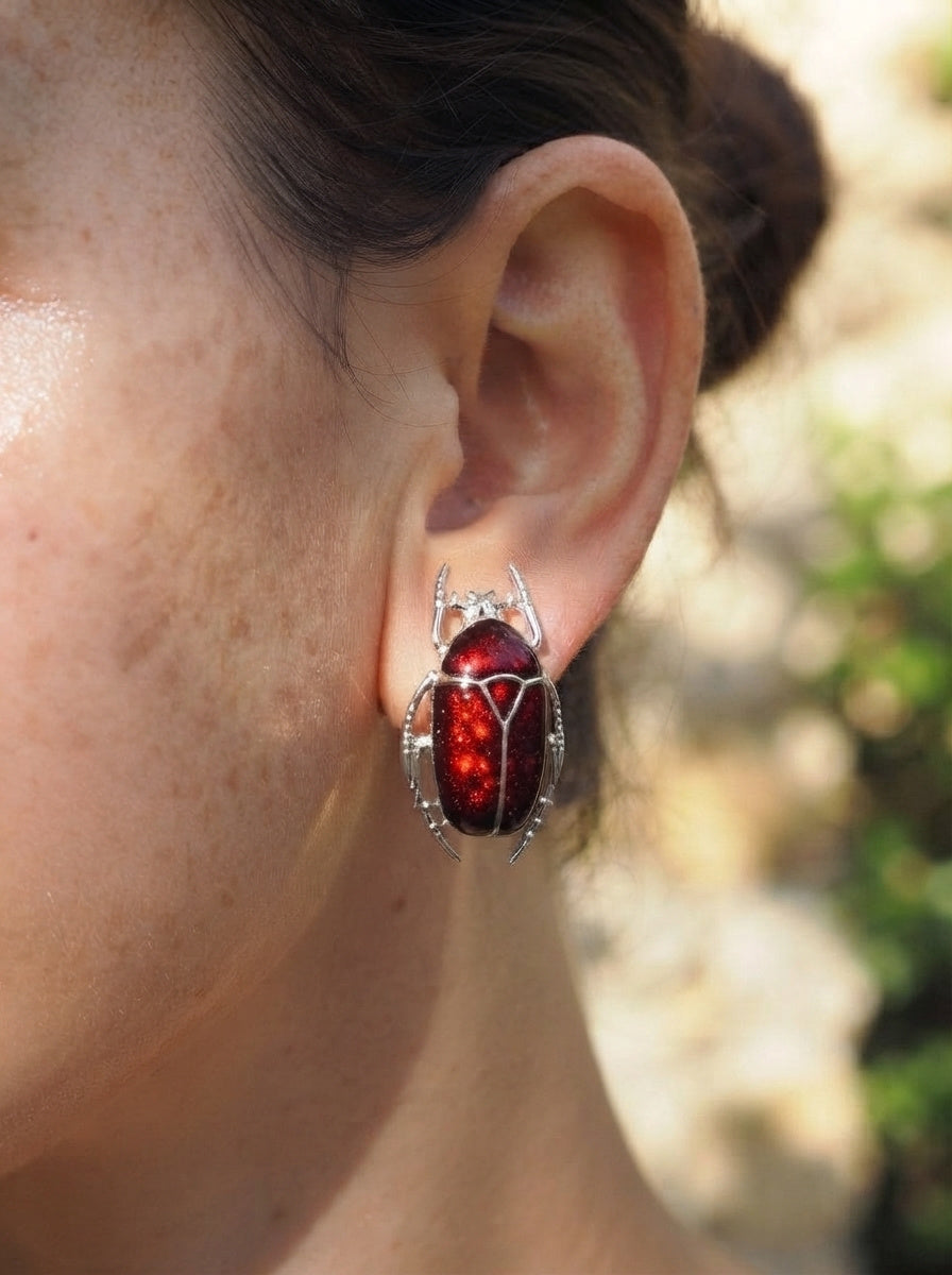 Glossy Dark Red Enamel Flower Beetle Stud Earrings – Nature Inspired Insect Jewelry