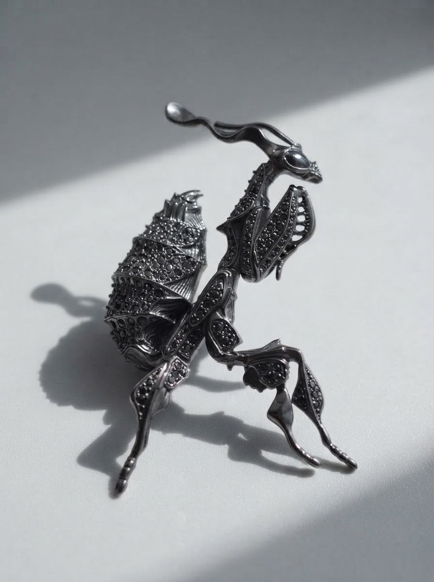 Black Crystal Ghost Mantis Pendant – Statement Entomology Jewelry