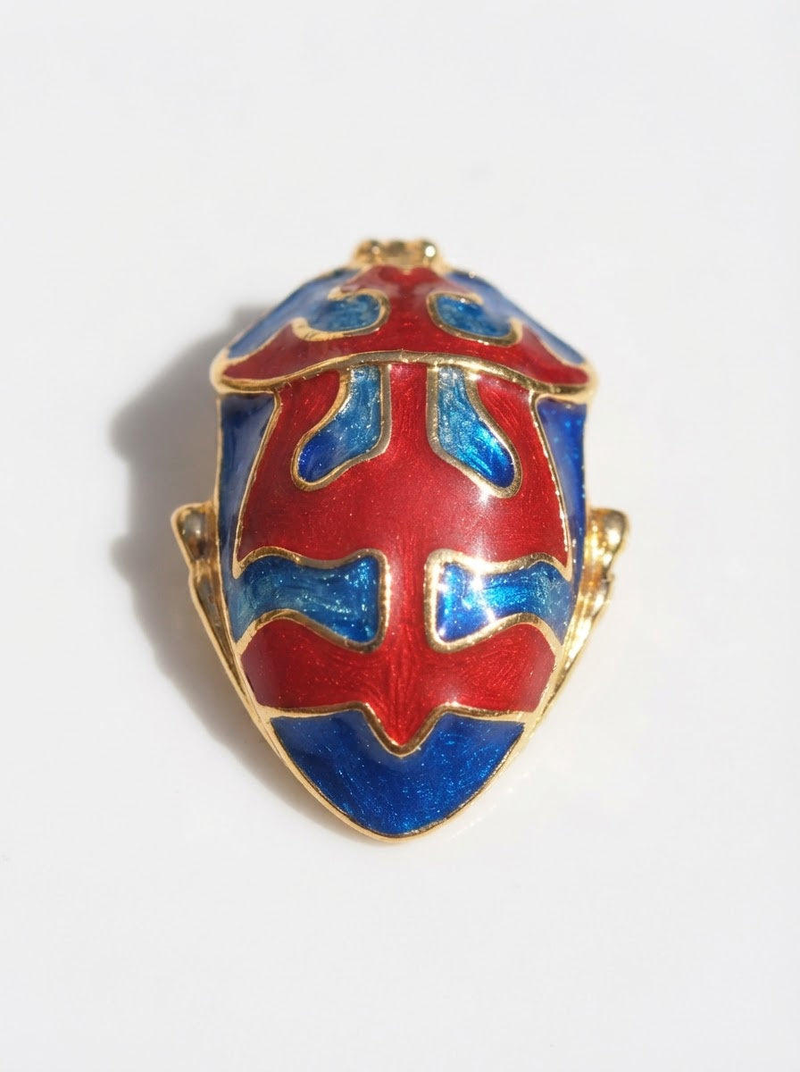 Harlequin Shield Bug Pendant – Matte Red & Shiny‑Blue Enamel