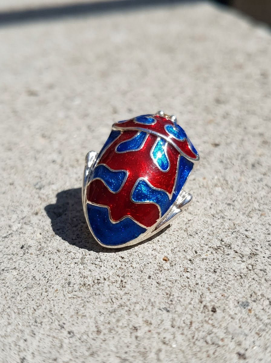 Harlequin Shield Bug Pendant – Matte Red & Shiny‑Blue Enamel